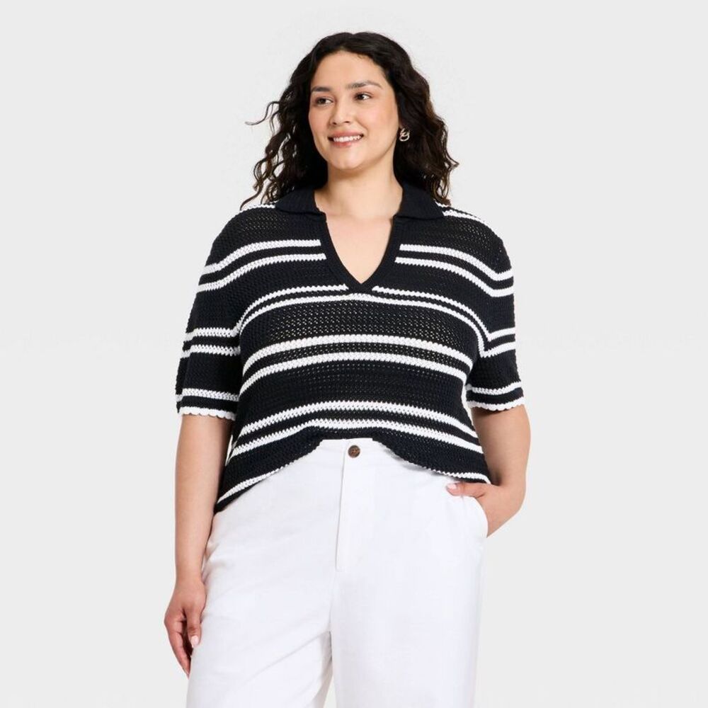 Women's Short Sleeve Polo Pullover Sweater Top - Black/White Striped 4X